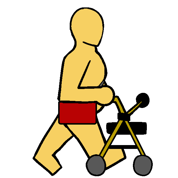 A yellow fat person with a yellow rollator and a red AAC device on a shoulder strap walking.